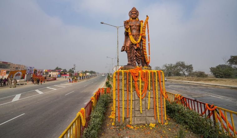 An idol of Lord Ram installed at Lucknow-Ayodhya road, ahead of the Ram temple consecration ceremony, in Ayodhya, on Sunday, January 20, 2024